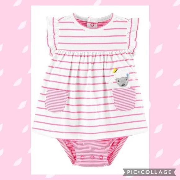 Carter's   Baby Girls' Striped Sheep Jersey Sunsuit 12M - Picture 1 of 8